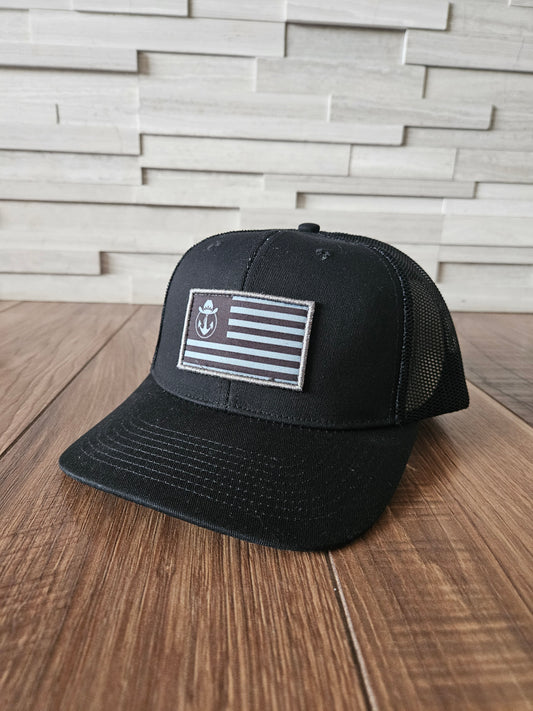 Lake Cowboy Black Baseball Hat (with Patriot Flag)