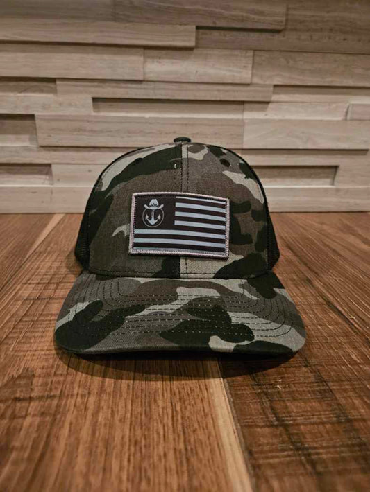 Lake Cowboy Camo Baseball Hat (with Patriot Flag)